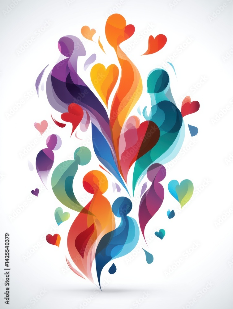 Fototapeta premium Colorful Abstract Art Depicting a Hug Icon Formed by Human Shapes and Hearts Signifying Love and Connection