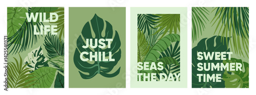 Tropical leaf posters set, green design. Exotic greenery, jungle foliage, bot...