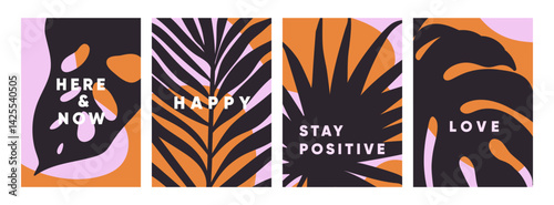 Tropical leaf poster designs set. Summer paradise cards with exotic palm and ...