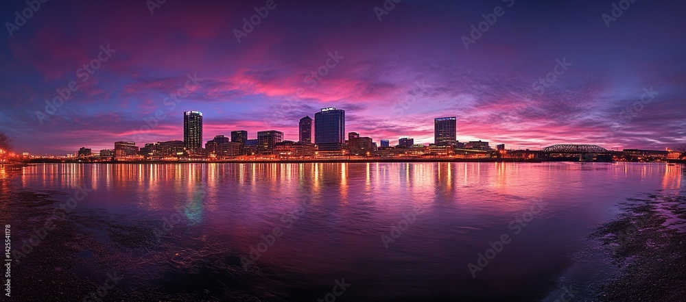 Fototapeta premium Panoramic view of the Nashville skyline at dusk, with colorful reflections on the river. The buildings are illuminated by lights, and the sky displays beautiful purple and pink hues.