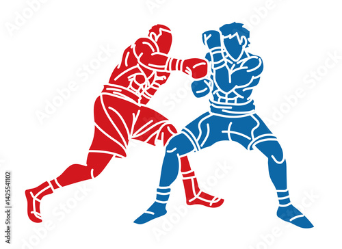 Boxing Sport Kickboxing Muay Thai Boxer Ready to Fight and Punching Action Cartoon Graphic Vector