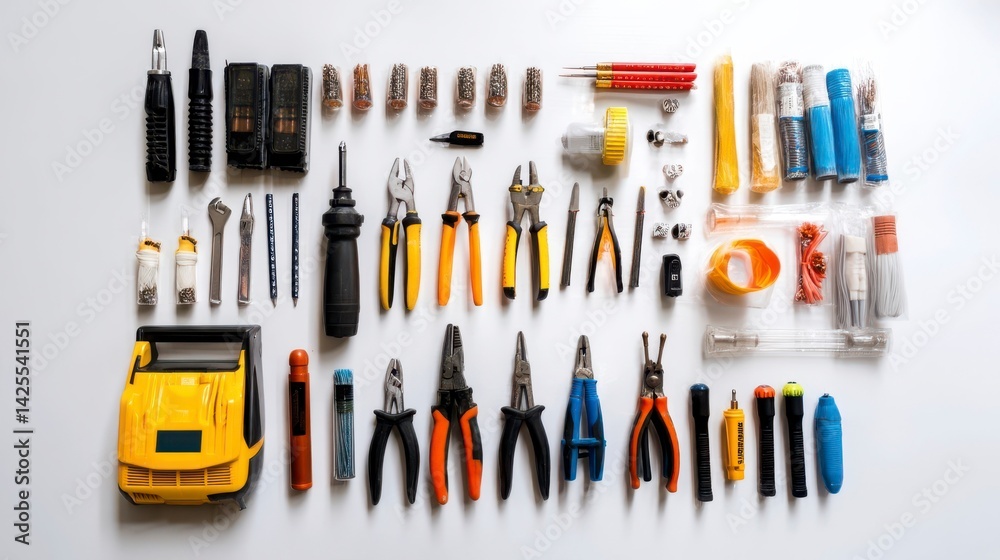 Neatly arranged electrician tools on a white surface, showcasing precision and organization in professional craftsmanship. Neatly arranged electrician tools on a white surface, showcasing precision and organization in professional craftsmanship.
