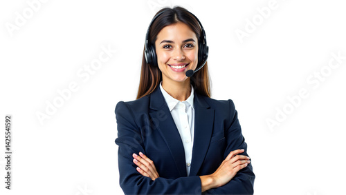 Professional happy woman in headset and business suit, arms crossed, isolated on transparent background for call center, customer service, telemarketing, or consulting career concepts.
