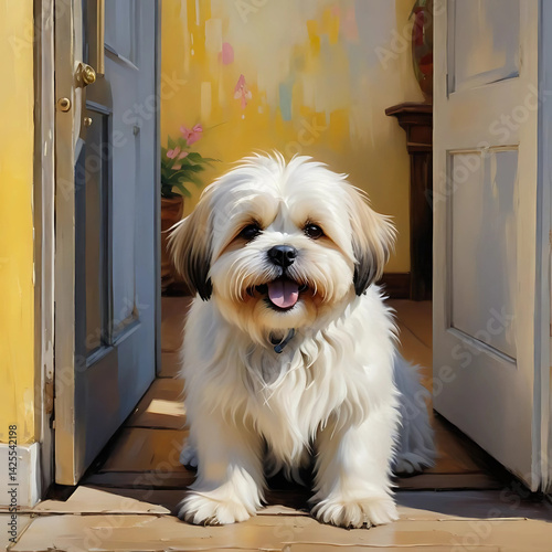 Small Lhasa Apso dog sitting in front od door with smile
