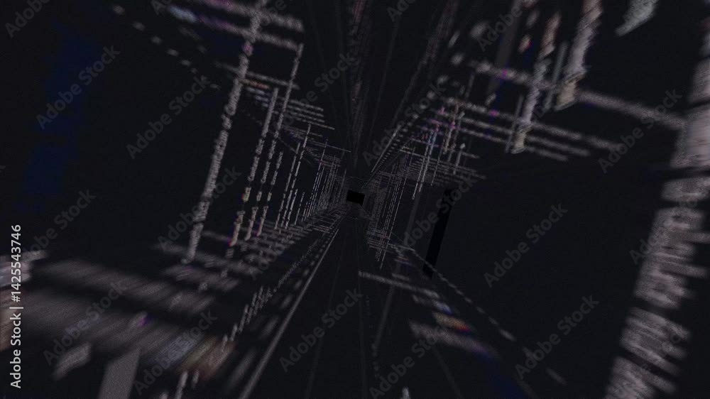 spiraling animation through a coding server, scrolling through programming data, 3d rendering through gradient mainframe source code, black background