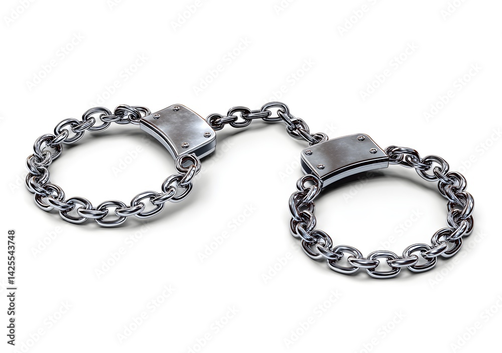 Silver handcuffs connected by a short chain, isolated on a clean white background. 3D rendering