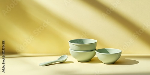 Baby feeding accessories set with bowls and spoon resting on yellow table