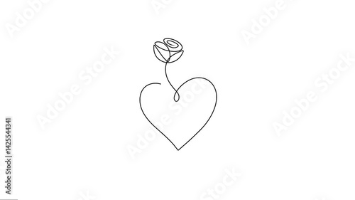Animated One continuous line drawing of a Love Heart with rose flowers.