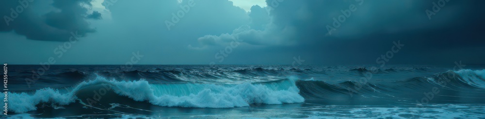 Fototapeta premium Dark, brooding cloudscape over turbulent ocean waves , power, white, ocean scape
