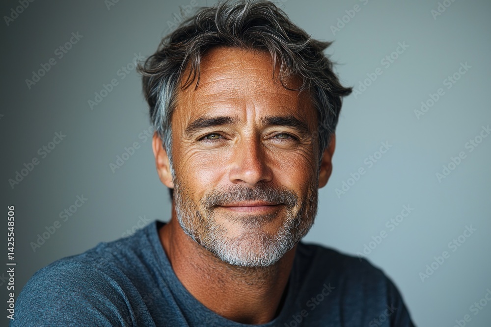 Smiling mature man with salt and pepper hair and beard wearing dark blue shirt looking confidently at camera against neutral background Generative AI