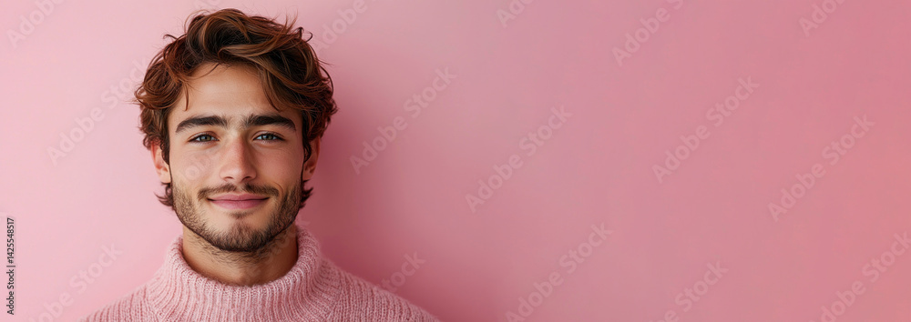 Cheerful young man with tousled hair wearing cozy knitted sweater smiling brightly in front of pink background with copy space Generative AI