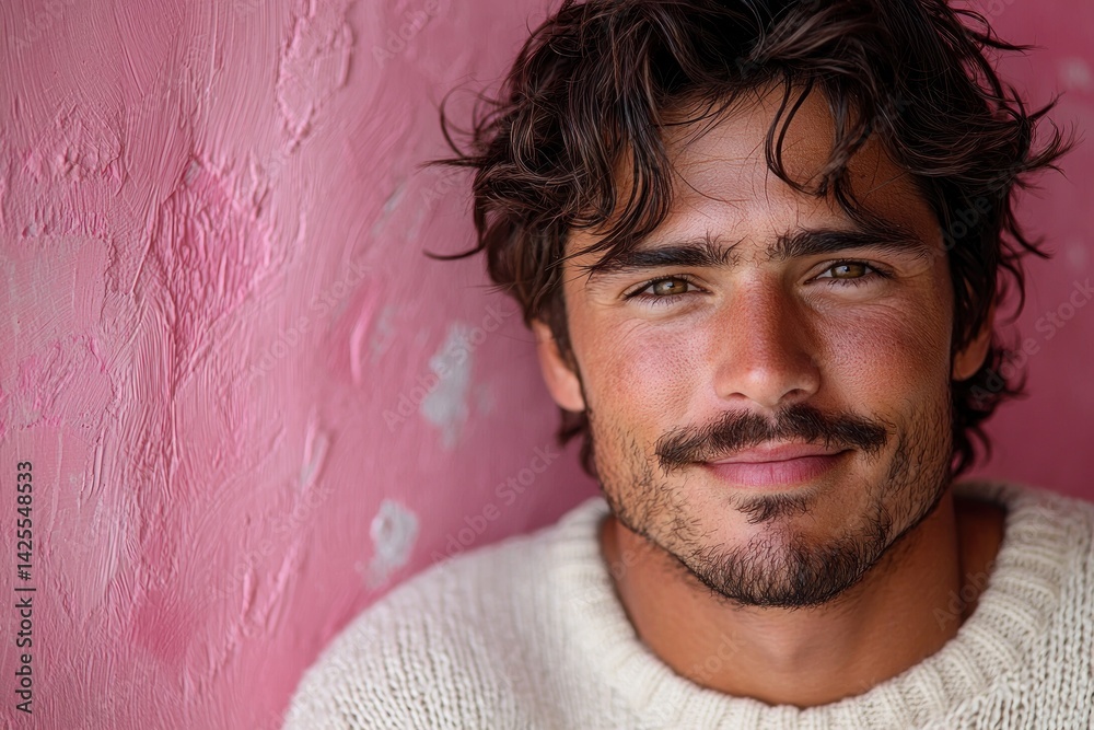 Young man with tousled hair and mustache wearing cream sweater smiling softly in front of textured pink wall closeup portrait Generative AI