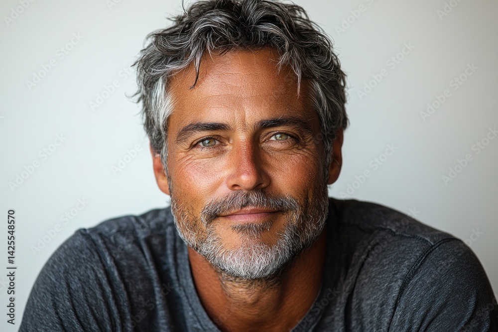 Confident mature man with salt and pepper hair smiling gently while wearing dark blue t shirt against neutral background closeup Generative AI