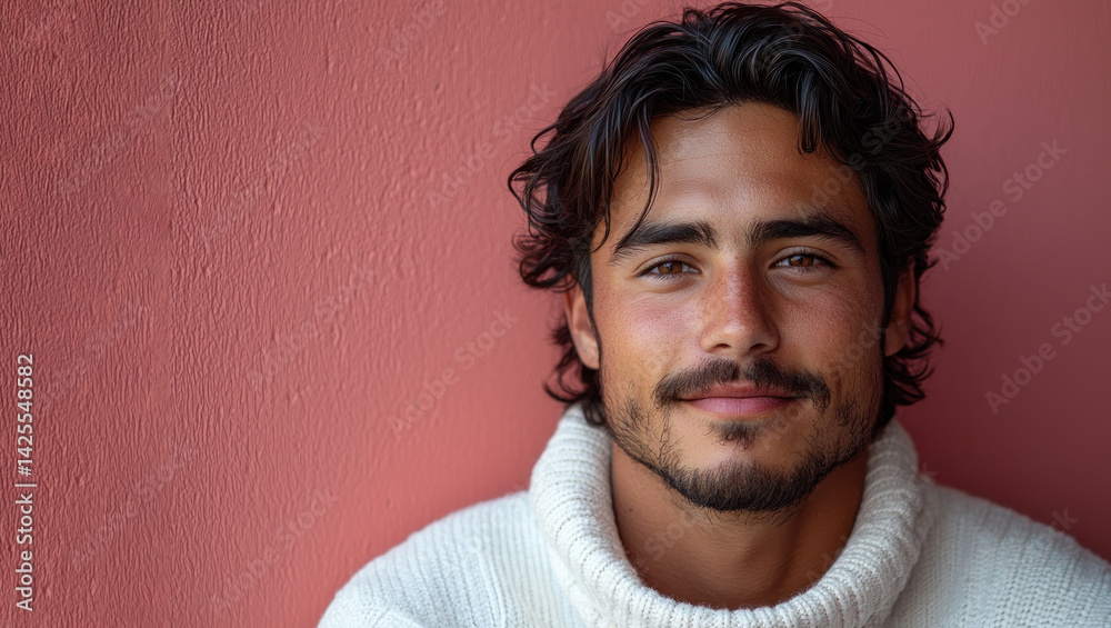 Young man with tousled hair and mustache wearing cream sweater smiling softly in front of textured pink wall closeup portrait Generative AI