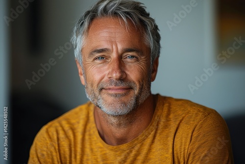 Smiling mature man with gray hair and beard wearing mustard yellow shirt looking at camera in natural light with blurred background Generative AI