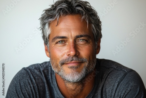 Obraz na płótnie Confident mature man with salt and pepper hair smiling gently while wearing dark blue t shirt against neutral background closeup Generative AI w salonie