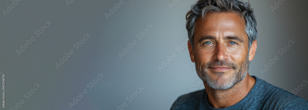 Smiling mature man with salt and pepper hair wearing dark blue shirt looking confidently at camera against white background closeup Generative AI