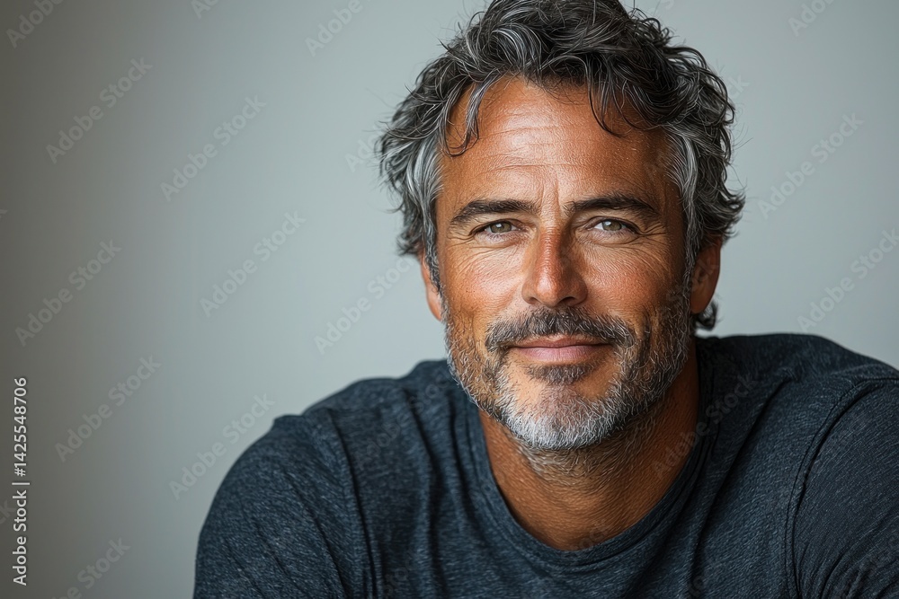 Smiling mature man with salt and pepper hair wearing dark blue shirt looking confidently at camera against white background closeup Generative AI