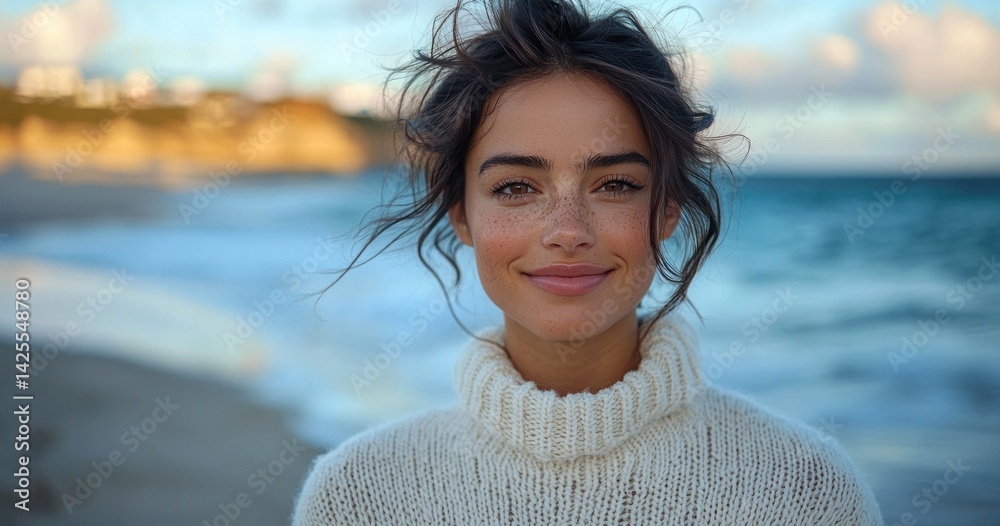 Smiling young woman with tousled hair and freckles wearing cozy knit sweater standing by the ocean on a sunny day closeup Generative AI