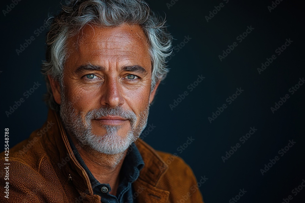 Stylish mature man with salt and pepper hair wearing brown jacket and dark shirt looking confidently at camera against dark background Generative AI