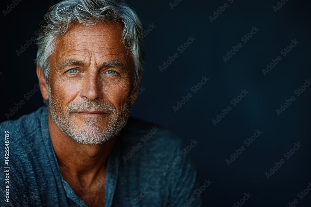 Stylish mature man with salt and pepper hair wearing brown jacket and dark shirt looking confidently at camera against dark background Generative AI