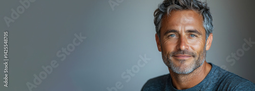 Obraz na płótnie Smiling mature man with salt and pepper hair wearing dark blue shirt looking confidently at camera against white background closeup Generative AI w salonie