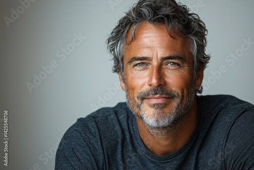 Obraz na płótnie Smiling mature man with salt and pepper hair wearing dark blue shirt looking confidently at camera against white background closeup Generative AI w salonie