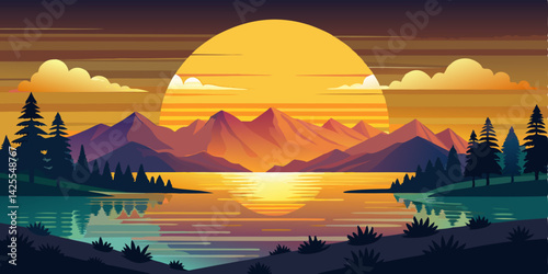 Amazing sunrise lake vector flat minimalistic isolated illustration, beautiful orange sky
