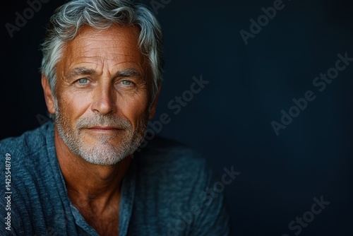Stylish mature man with salt and pepper hair wearing brown jacket and dark shirt looking confidently at camera against dark background Generative AI