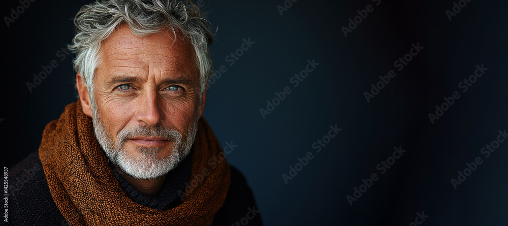 Stylish mature man with salt and pepper hair wearing brown jacket and dark shirt looking confidently at camera against dark background Generative AI