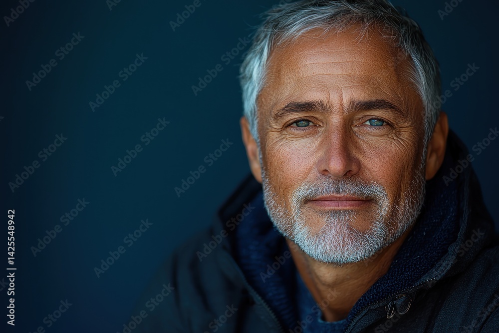 Confident older man with silver hair and beard wearing dark jacket looking at camera against deep blue background closeup portrait Generative AI