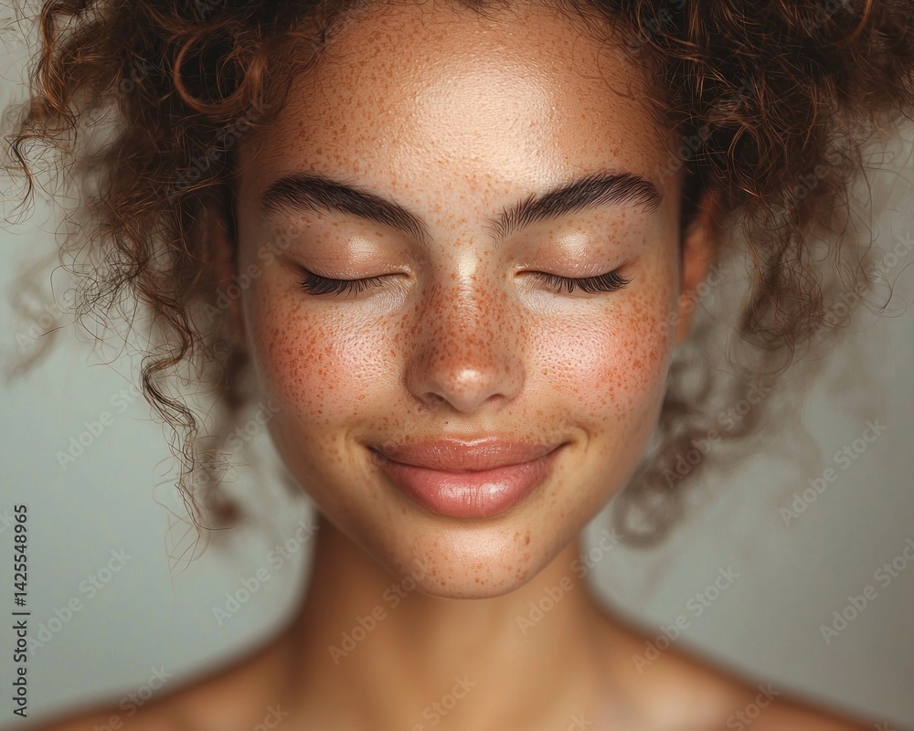 Natural beauty portrait of young woman with freckles curly hair and closed eyes smiling softly against neutral background Generative AI