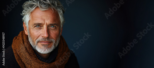 Obraz na płótnie Stylish mature man with salt and pepper hair wearing brown jacket and dark shirt looking confidently at camera against dark background Generative AI w salonie