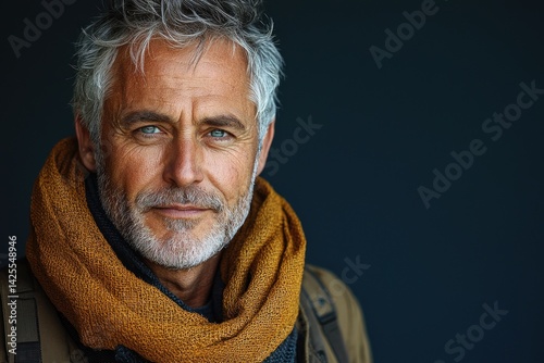 Obraz na płótnie Stylish mature man with gray hair and beard wearing mustard scarf and brown jacket looking confidently at camera against dark background Generative AI w salonie