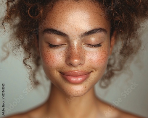 Obraz na płótnie Natural beauty portrait of young woman with freckles curly hair and closed eyes smiling softly against neutral background Generative AI w salonie