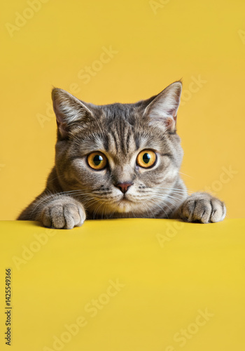 Adorable British Shorthair kitten with bright amber eyes peeking over a vibrant yellow surface, set against a solid yellow background. The curious expression and minimalist setting make this a perfect