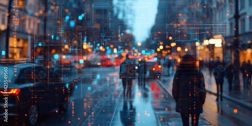 Fototapeta Naklejka Na Ścianę i Meble -  Autonomous self driving cars communicating with city infrastructure and sharing data with pedestrians