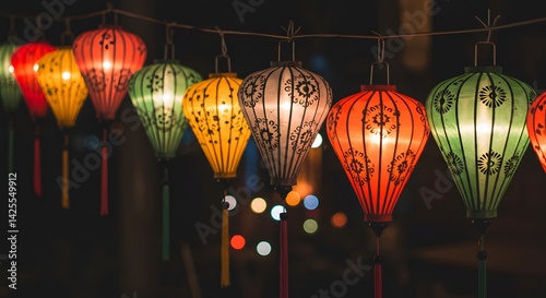 Colorful vietnamese silk lanterns hanging decoration for festival celebration and asian culture night market