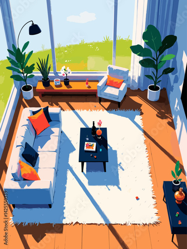  a top view layout for a living room with 9 meters length and 4.5 meters