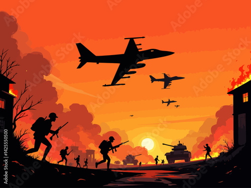  airal view of military jets flying over battlefeilds with soldiers on it, with fire in background