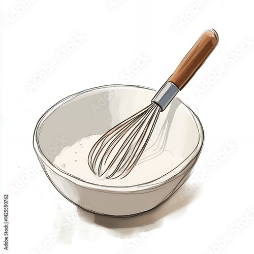 A simple illustration of a whisk inside a bowl with some ingredients ready for mixing and baking