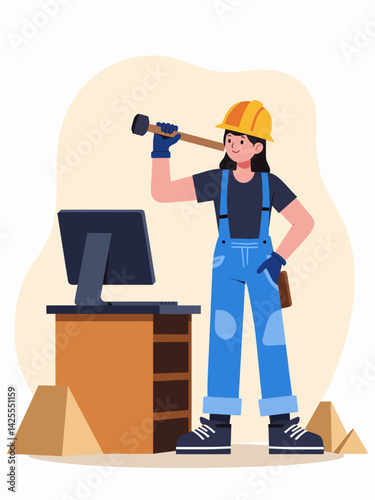 Generate a graphic to add to a simple popup for a site The graphic is of a construction worker hammering down a computer
