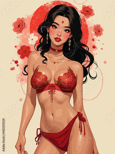  girl in red asian illustration 