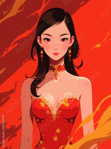  girl in red asian illustration 