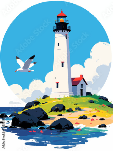 lighthouse and seagull in summer in sunny weather in a circle