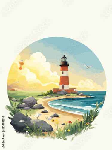  lighthouse and seagull in summer in sunny weather in a circle