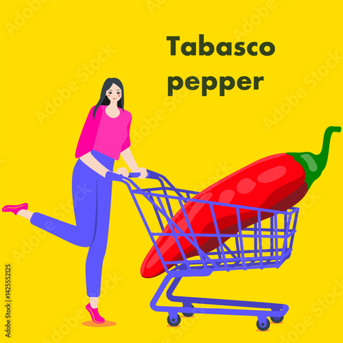 A woman holds cart with Tabasco pepper.  Chili peppers. Isolated vector illustration.