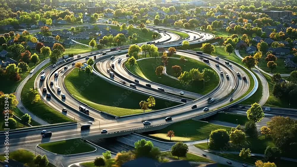 Elevated view of modern highway interchange with vehicle traffic in golden light Elevated view of modern highway interchange with vehicle traffic in golden light