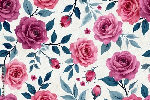Bold seamless watercolor pattern with hand-painted roses in vibrant fuchsia, deep plum, and magenta