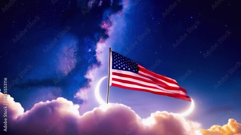 Majestic night sky stars and american flag unfurled under crescent moon soaring above fluffy clouds